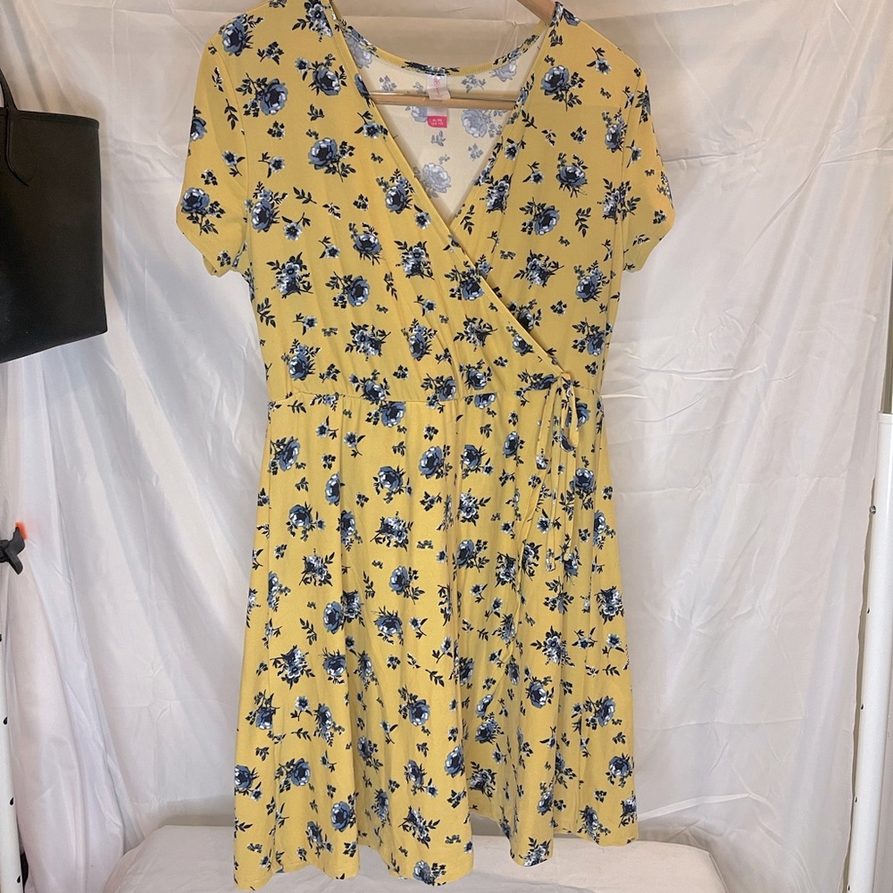 Yellow & Blue Floral Mini Wrap Dress